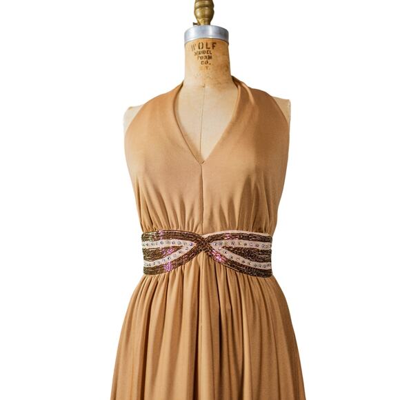 VTG 70s Lee Jordan Halter Maxi Dress Tan Rhinestone Evening Gown, Glam Disco M L - Picture 3 of 16